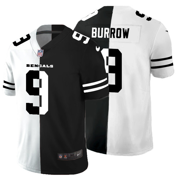 Men's Cincinnati Bengals #9 Joe Burrow Black & White NFL Split Limited Stitched Jersey